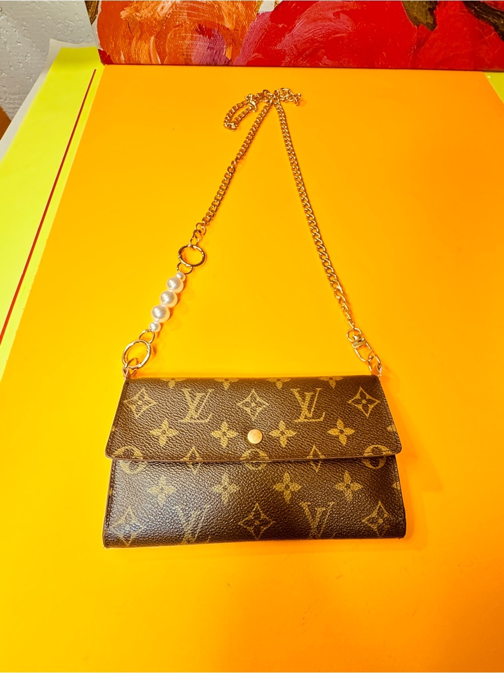 Louis Vuitton Brown Monogram Wallet Crossbody with Pearl Charm and Gold Chain - Picture 9 of 14